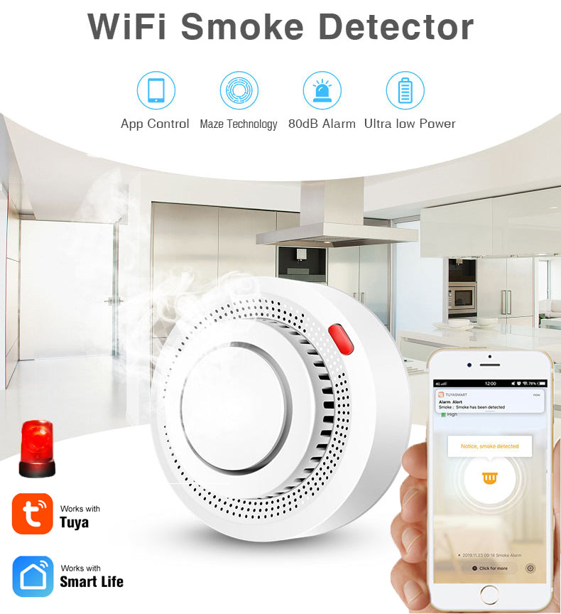 Smart WiFi Smoke Detector Alarm - Tuya App Control & Instant Alerts