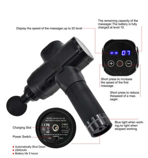 Professional Deep Tissue Massage Gun - 30 Speeds with 6 Interchangeable Heads